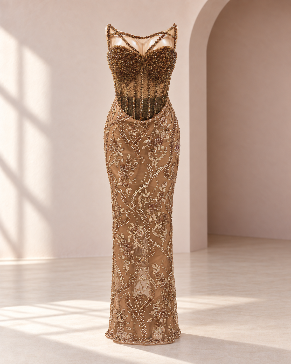 Bronze Beaded Custom Occasion Gown front view